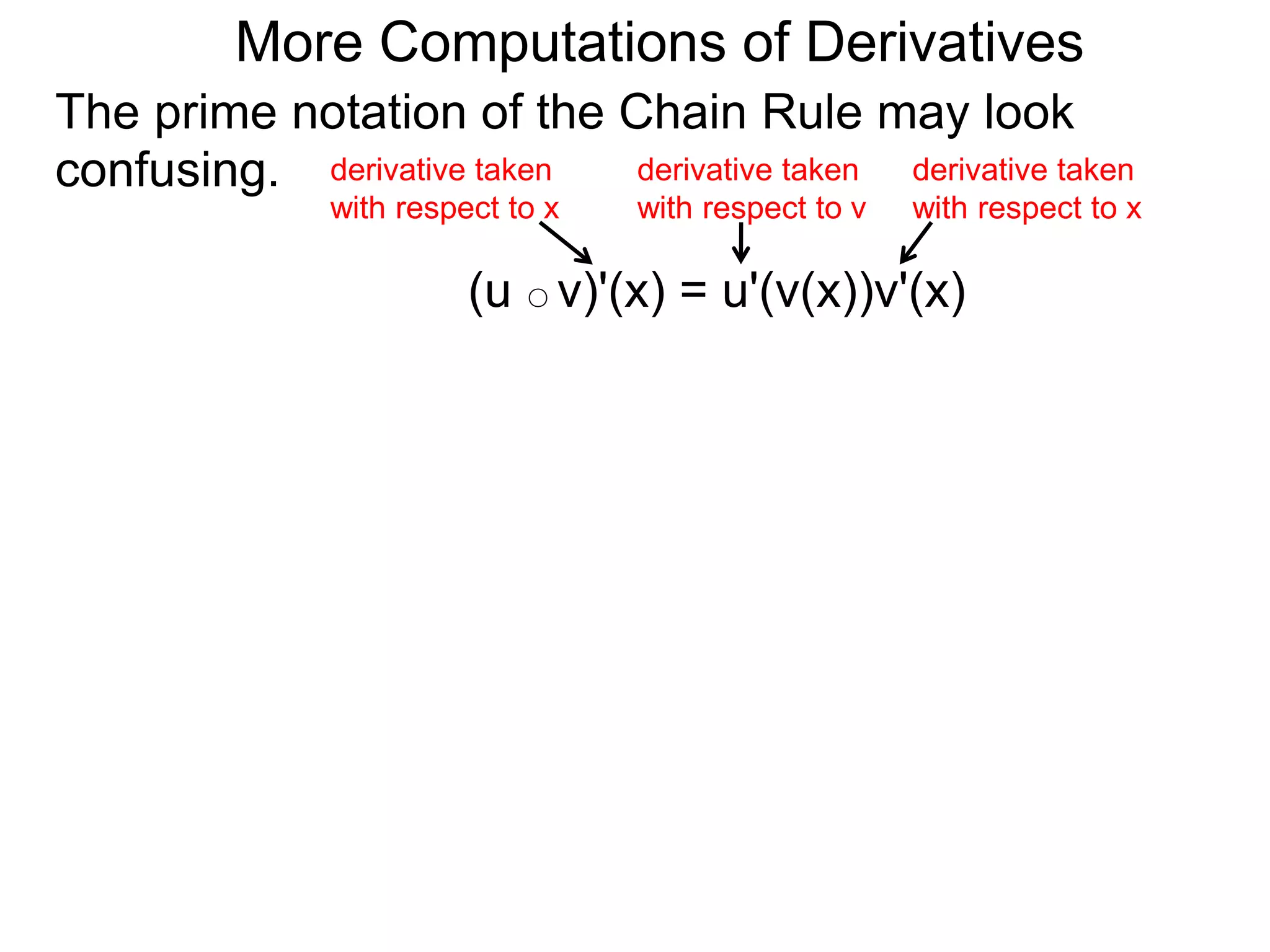 More Computations of Derivatives 
The prime notation of the Chain Rule may look 
confusing. 
derivative taken 
with respect to x 
derivative taken 
with respect to x 
derivative taken 
with respect to v 
(u ○ v)'(x) = u'(v(x))v'(x) 
 