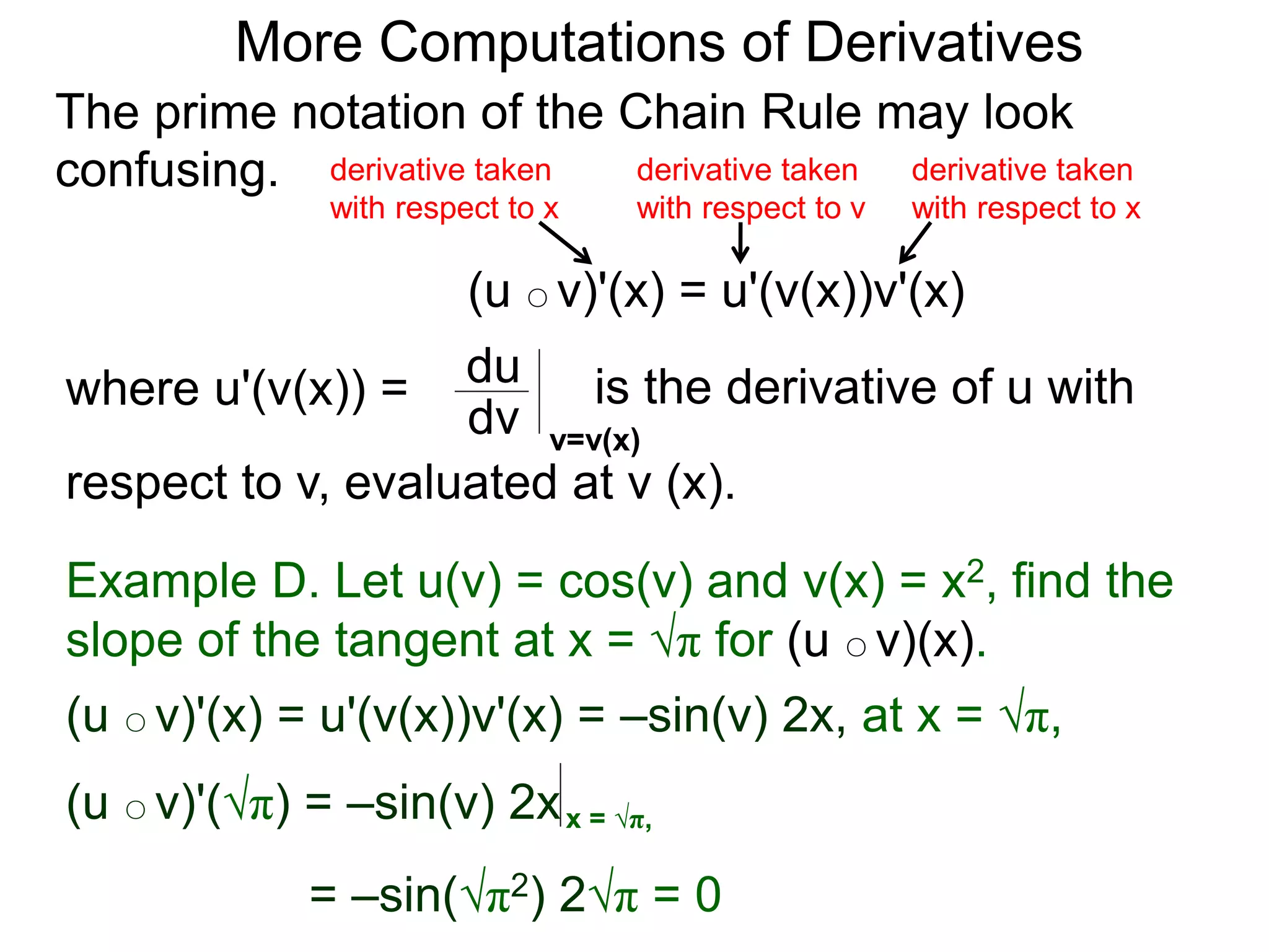 More Computations of Derivatives 
The prime notation of the Chain Rule may look 
confusing. 
derivative taken 
with respect to x 
(u ○ v)'(x) = u'(v(x))v'(x) 
where u'(v(x)) = du 
is the derivative of u with 
dv v=v(x) 
respect to v, evaluated at v (x). 
derivative taken 
with respect to x 
derivative taken 
with respect to v 
Example D. Let u(v) = cos(v) and v(x) = x2, find the 
slope of the tangent at x = √π for (u ○ v)(x). 
(u ○ v)'(x) = u'(v(x))v'(x) = –sin(v) 2x, at x = √π, 
(u ○ v)'(√π) = –sin(v) 2x x = √π, 
= –sin(√π2) 2√π = 0 
 