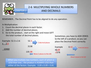 2-6 MULTIPLYING WHOLE NUMBERS
              CHAPTER 2          AND DECIMALS

REMEMBER… The Decimal Point has to be aligned to do any operation.

In Multiplication:
1. Count the decimal places in each factor.
2. Add the number of decimal places.
3. Go to the product… start at the right and move LEFT
    the total number of decimal places.                 Sometimes, you have to ADD ZEROS
                                                        to the left of a product, so you can
Example: 52.3 x 2.6        52.3                         place the Decimal Point correctly.
                                       2 decimal places
x 2.6
                           3138                         Example          0.42      4 decimal places
  10460                                                 x0.09
                         135.98                         .0378
                                    Move 2 places to the left
                                                                              Move 4 places to the left

      When you multiply two numbers, each of which is
      LESS than one… the product is ALWAYS LESS than
      either of the factors Example: 0.09 x 0.09 = 0.81
 