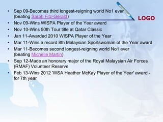 • Sep 09-Becomes third longest-reigning world No1 ever
  (beating Sarah Fitz-Gerald)                               LOGO
• Nov 09-Wins WISPA Player of the Year award
• Nov 10-Wins 50th Tour title at Qatar Classic
• Jan 11-Awarded 2010 WISPA Player of the Year
• Mar 11-Wins a record 8th Malaysian Sportswoman of the Year award
• Mar 11-Becomes second longest-reigning world No1 ever
  (beating Michelle Martin)
• Sep 12-Made an honorary major of the Royal Malaysian Air Forces
  (RMAF) Volunteer Reserve
• Feb 13-Wins 2012 'WSA Heather McKay Player of the Year' award -
  for 7th year
 