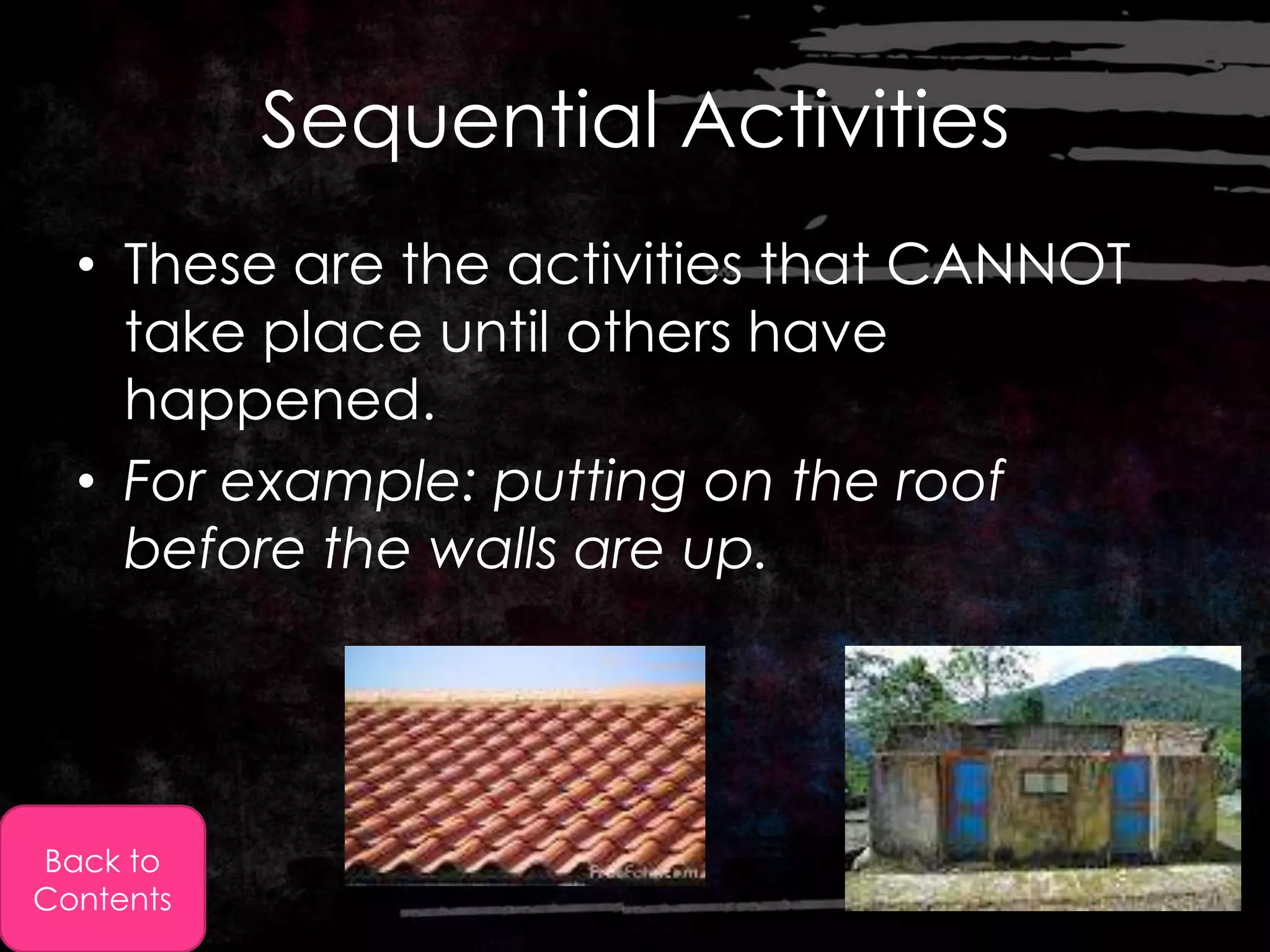 Sequential Activities
  • These are the activities that CANNOT
    take place until others have
    happened.
  • For example: putting on the roof
    before the walls are up.




Back to
Contents
 