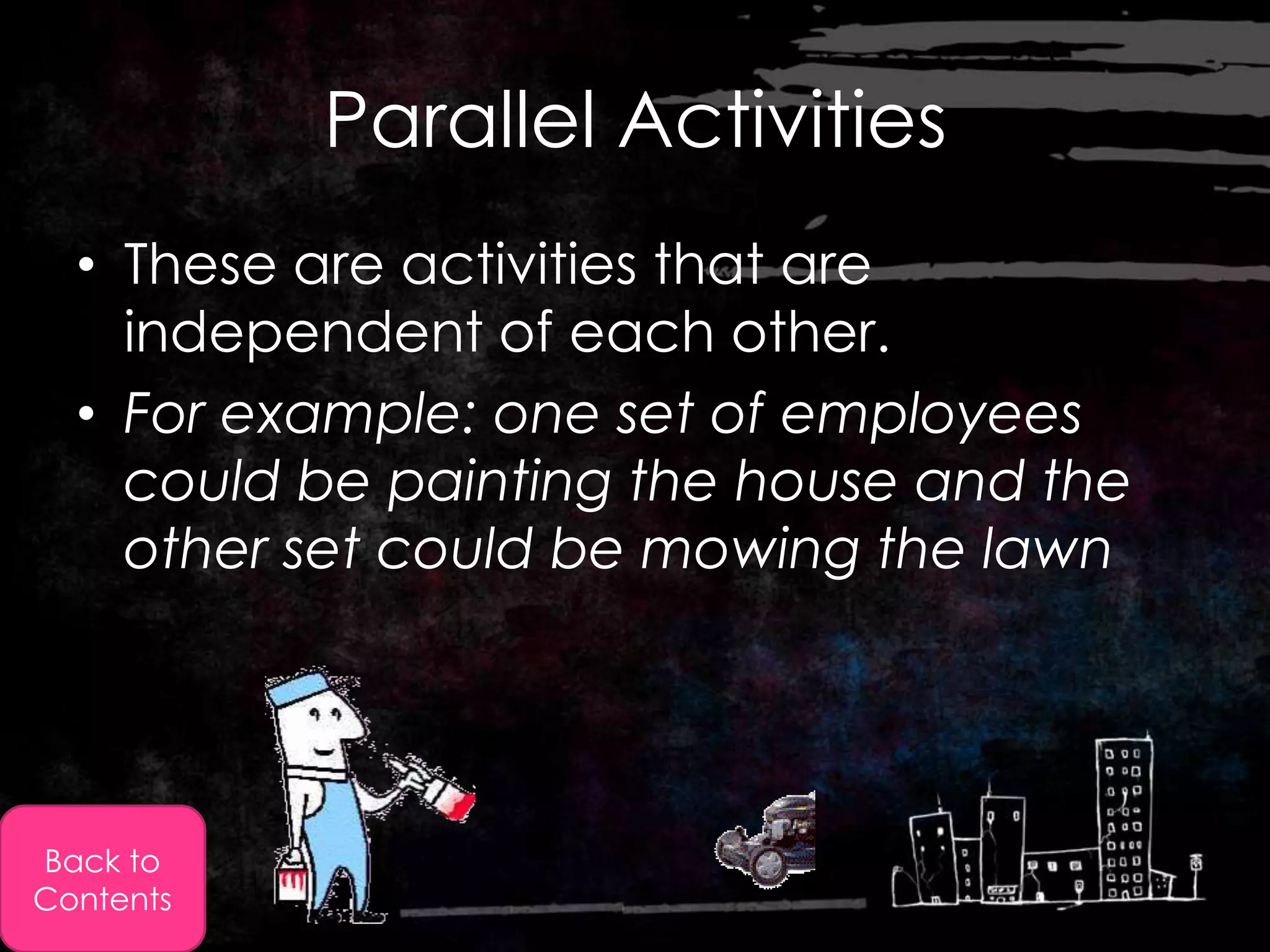 Parallel Activities
  • These are activities that are
    independent of each other.
  • For example: one set of employees
    could be painting the house and the
    other set could be mowing the lawn




Back to
Contents
 