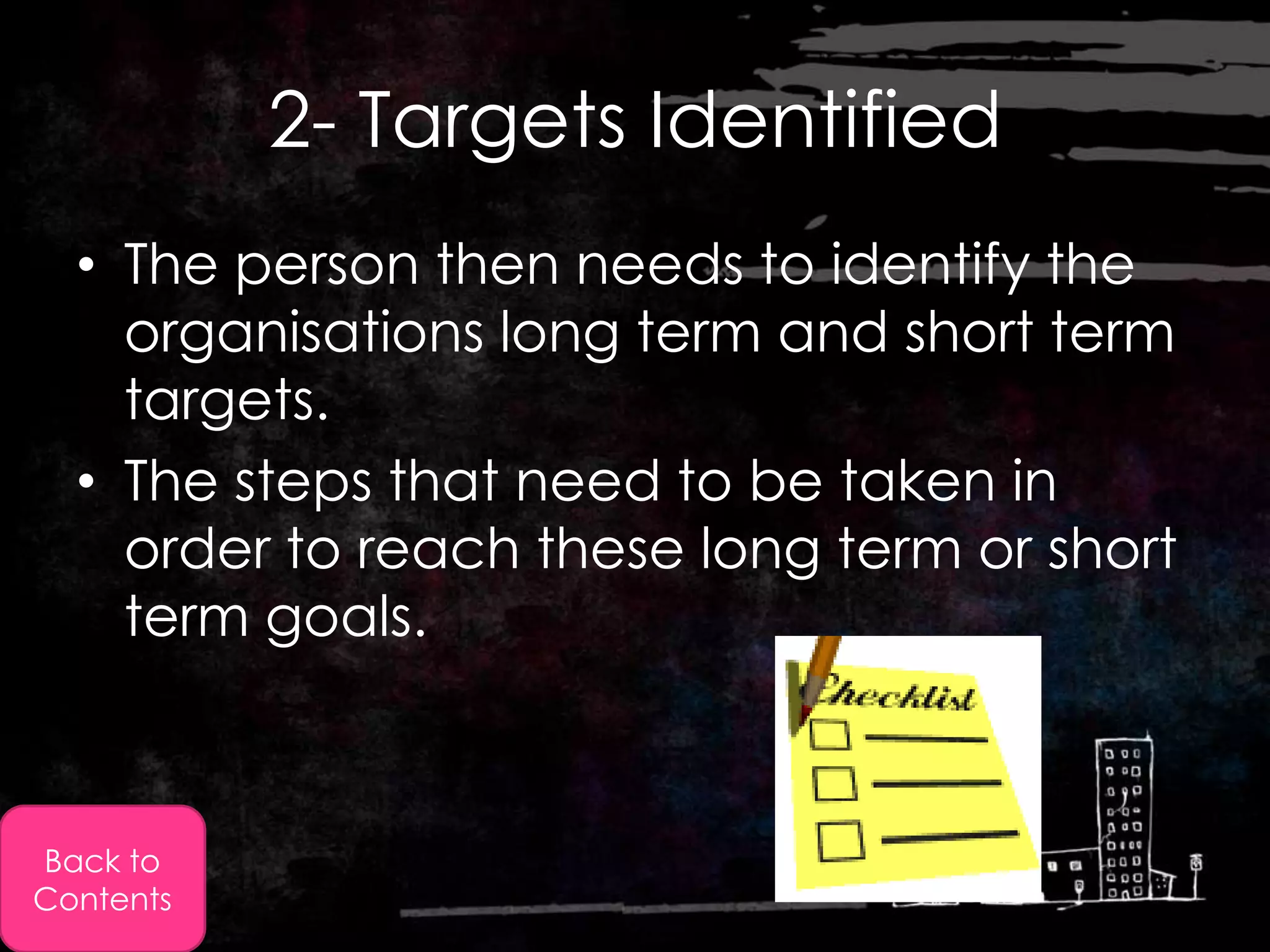 2- Targets Identified
  • The person then needs to identify the
    organisations long term and short term
    targets.
  • The steps that need to be taken in
    order to reach these long term or short
    term goals.



Back to
Contents
 