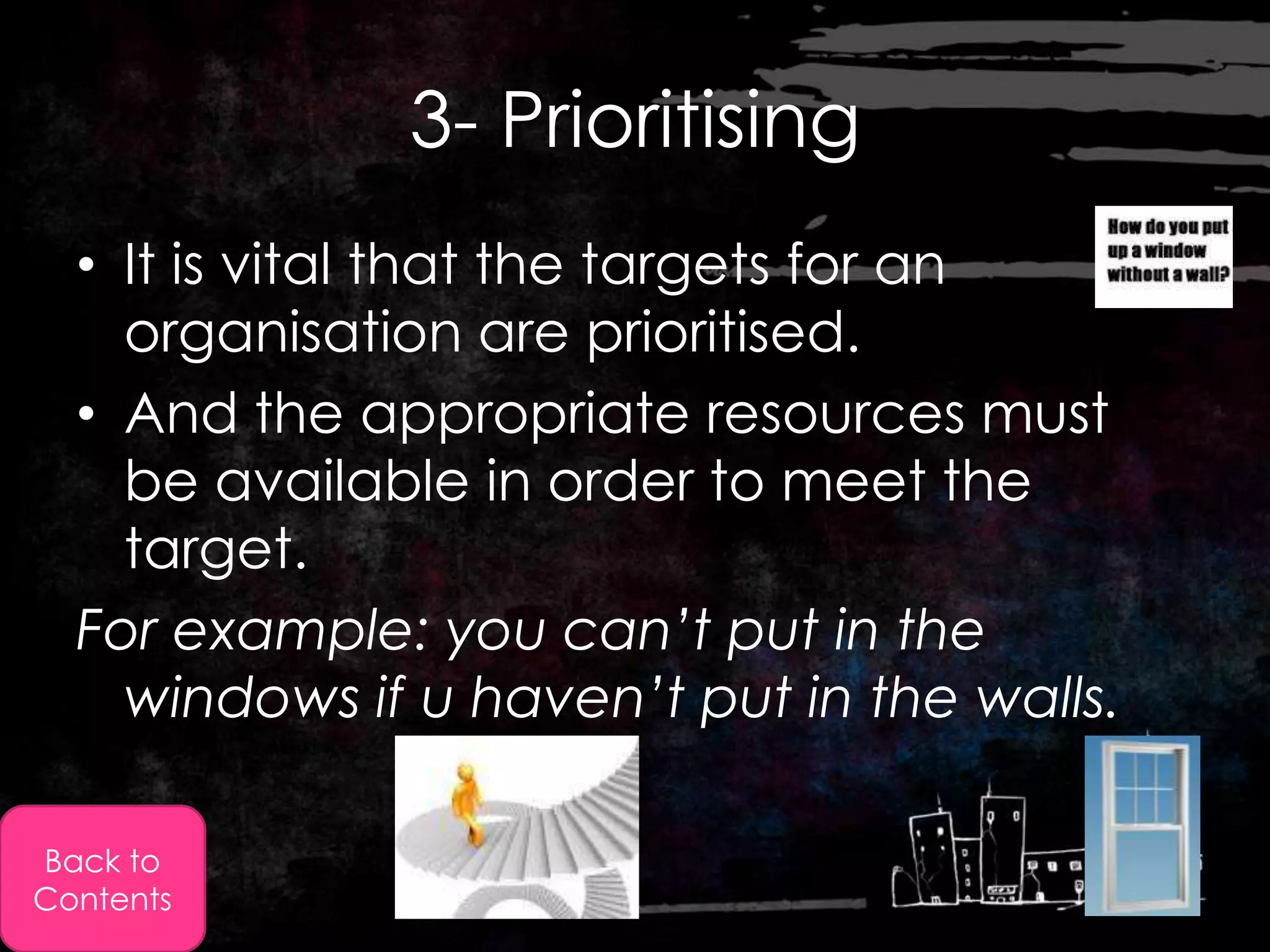 3- Prioritising
  • It is vital that the targets for an
    organisation are prioritised.
  • And the appropriate resources must
    be available in order to meet the
    target.
  For example: you can’t put in the
    windows if u haven’t put in the walls.

Back to
Contents
 