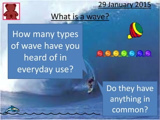 What is a wave?
29 January 2015
How many types
of wave have you
heard of in
everyday use?
Do they have
anything in
common?
 