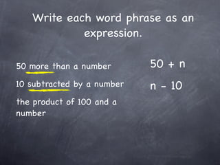 Write each word phrase as an
            expression.

50 more than a number       50 + n
10 subtracted by a number   n - 10
the product of 100 and a
number
 