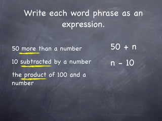 Write each word phrase as an
            expression.

50 more than a number       50 + n
10 subtracted by a number   n - 10
the product of 100 and a
number
 