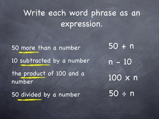 Write each word phrase as an
            expression.

50 more than a number       50 + n
10 subtracted by a number   n - 10
the product of 100 and a
number
                            100 x n
50 divided by a number      50 ÷ n
 