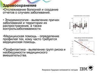 Здравоохранение
•Отслеживание болезней и создание
отчетов о случаях заболеваний.
• Эпидемиология - выявление причин
заболеваний и территории их
распространения, а также
контрользаболеваемости.
•Медицинская помощь - определение
профилей тех, кому часто требуется
медицинская помощь.
•Профилактика - выявление групп риска и
необходимости медицинского
вмешательства.

 