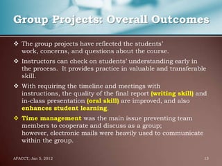 Group Projects: Overall Outcomes

 The group projects have reflected the students’
  work, concerns, and questions about the course.
 Instructors can check on students’ understanding early in
  the process. It provides practice in valuable and transferable
  skill.
 With requiring the timeline and meetings with
  instructions, the quality of the final report (writing skill) and
  in-class presentation (oral skill) are improved, and also
  enhances student learning.
 Time management was the main issue preventing team
  members to cooperate and discuss as a group;
  however, electronic mails were heavily used to communicate
  within the group.

AFACCT, Jan 5, 2012                                               13
 