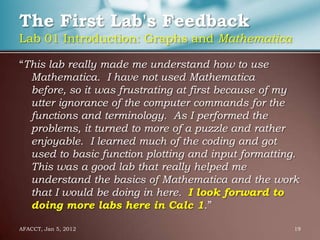 The First Lab's Feedback
Lab 01 Introduction: Graphs and Mathematica

“This lab really made me understand how to use
  Mathematica. I have not used Mathematica
  before, so it was frustrating at first because of my
  utter ignorance of the computer commands for the
  functions and terminology. As I performed the
  problems, it turned to more of a puzzle and rather
  enjoyable. I learned much of the coding and got
  used to basic function plotting and input formatting.
  This was a good lab that really helped me
  understand the basics of Mathematica and the work
  that I would be doing in here. I look forward to
  doing more labs here in Calc 1.”

AFACCT, Jan 5, 2012                                   19
 