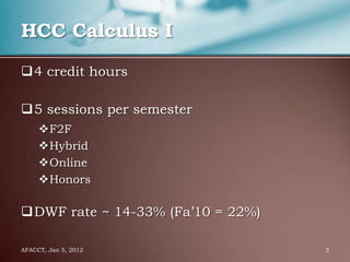 HCC Calculus I

4 credit hours

5 sessions per semester
     F2F
     Hybrid
     Online
     Honors

DWF rate ~ 14-33% (Fa’10 = 22%)

AFACCT, Jan 5, 2012                3
 