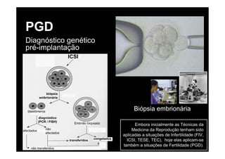 PGD
 Diagnóstico genético
 pré-implantação
                             ICSI




               biópsia
            embrionária



   blastómeros
                                                              Biópsia embrionária
            diagnóstico
            (PCR / FISH)
                                Embrião biopsado               Embora inicialmente as Técnicas da
                 não                                          Medicina da Reprodução tenham sido
afectados
                 afectados
                                                         aplicadas a situações de Infertilidade (FIV,
                                            congelados
                             transferidos                  ICSI, TESE, TEC), hoje elas aplicam-se
                                                         também a situações de Fertilidade (PGD).
     não transferidos
 