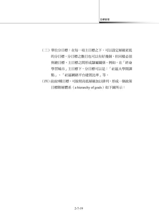 目標管理
2-7-19
（三）單位分目標：在每一項主目標之下，可以設定層級更低
的分目標，分目標之數目也可以有好幾個，但同樣必須
與總目標、主目標之間形成隸屬關係。例如，在「終身
學習城市」主目標下，分目標可以是：「社區大學開課
點」、「社區網絡平台建置比率」等。
（四）前面5種目標，可按照高低層級加以排列，形成一個政策
目標階層體系（a hierarchy of goals）如下圖所示：
 