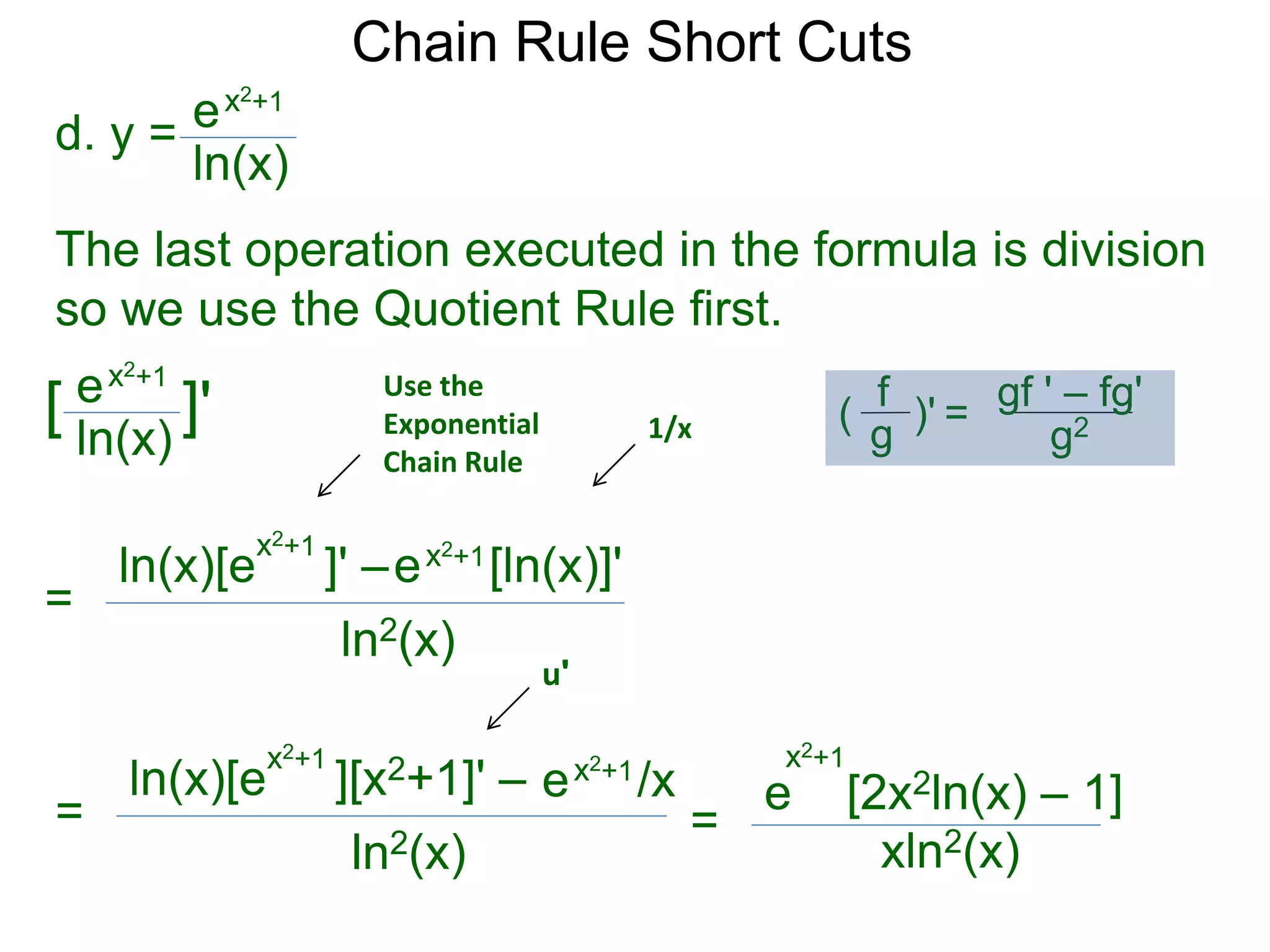 Chain Rule Short Cuts 
d. y = 
ex2+1 
ln(x) 
The last operation executed in the formula is division 
so we use the Quotient Rule first. 
ex2+1 
ln(x) 
[ ]' 
= 
x2+1 ln(x)[e ]' &ndash; 
ex2+1[ln(x)]' 
ln2(x) 
= 
x2+1 ln(x)[e ][x2+1]' &ndash; 
ln2(x) 
ex2+1/x 
Use the 
Exponential 
Chain Rule 
1/x 
u' 
= 
gf ' &ndash; fg' 
x2+1 
e [2x2ln(x) &ndash; 1] 
xln2(x) 
g2 
f 
g 
( )' = 

