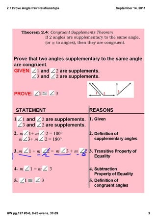 2.7 Prove Angle Pair Relationships                     September 14, 2011




         Theorem 2.4: Congruent Supplements Theorem
                   If 2 angles are supplementary to the same angle,
                   (or ≅ to angles), then they are congruent.




HW pg.127 #3­6, 8­26 evens, 37­39                                           3
 