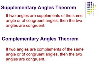 Supplementary Angles Theorem If two angles are supplements of the same angle or of congruent angles, then the two angles are congruent. Complementary Angles Theorem If two angles are complements of the same angle or of congruent angles, then the two angles are congruent.