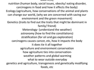 awarness)
  nutrition (human body, social issues, obesity/ eating disorder,
         carcinogens in food and how it effects the body)
Ecology (agriculture, how conservations of the animal and plants
 can change our world, (why we are concerned with saving our
              environment and the green movement)
 Genetics (traits to find out the traits that might be dominant in
                            family/ friend)
              Meterology- (understand the weather)
             astronomy (how to find the constilations)
             stratification (for oil and gas exploration)
    carcinogens causes cancer, etc, how it impacts the body
                       it does tie it all together
            agriculture and environment conservation
               how agriculture ties into conservation-
               weather patterns and global warming
                   what to wear outside everyday
genetics and agriculture, transgenesis and genetically modifying
                               foods, etc
 