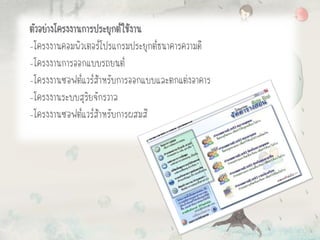 ตัวอย่างโครงงานการประยุกต์ใช้งาน
-โครงงานคอมพิวเตอร์โปรแกรมประยุกต์ธนาคารความดี
-โครงงานการออกแบบรถยนต์
-โครงงานซอฟต์แวร์ส้าหรับการออกแบบและตกแต่งอาคาร
-โครงงานระบบสุริยจักรวาล
-โครงงานซอฟต์แวร์ส้าหรับการผสมสี
 