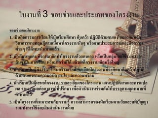 ใบงานที่ 3 ขอบข่ายและประเภทของโครงงาน
ขอบข่ายของโครงงาน
1. เป็นกิจกรรมการเรียนให้นักเรียนศึกษา ค้นคว้า ปฏิบัติดัวยตนเองโดยอาศัยหลัก
วิชาการทางทฤษฎีตามเนื้อหาโครงงานนั้นๆ หรือจากประสบการณ์และกิจกรรม
ต่าง ๆ ที่ได้พบเห็นมากแล้ว
2. นักเรียนทุกคนพิจารณาจัดทาโครงงานด้วยตนเอง หรือเป็นกลุ่มโดยใช้ระยะเวลา
สั้นๆ เป็นภาคเรียน หรือมากว่าก็ได้ แล้วแต่โครงงานเล็กหรือใหญ่
3. นักเรียนเป็นผู้พิจารณาริเริ่มสร้างสรรค์ คัดเลือกโครงงานที่จะศึกษาค้นคว้าปฏิบัติ
ด้วยตนเองตามความถนัด สนใจ และความพร้อม
4. นักเรียนเป็นผู้เสนอโครงงาน รายละเอียดของโครงงาน แผนปฏิบัติงานและการแปล
ผล รายงานผลต่ออาจารย์ที่ปรึกษา เพื่อดาเนินงานร่วมกันให้บรรลุตามจุดหมายที่
กาหนดไว้
5. เป็นโครงงานที่เหมาะสมกับความรู้ ความสามารถของนักเรียนตามวัยและสติปัญญา
รวมทั้งการใช้จ่ายเงินดาเนินงานด้วย
 