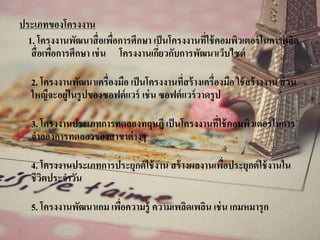 ประเภทของโครงงาน
1. โครงงานพัฒนาสื่อเพื่อการศึกษา เป็นโครงงานที่ใช้คอมพิวเตอร์ในการผลิต
สื่อเพื่อการศึกษา เช่น โครงงานเกี่ยวกับการพัฒนาเว็บไซต์
2. โครงงานพัฒนาเครื่องมือ เป็นโครงงานที่สร้างเครื่องมือ ใช้สร้างงาน ส่วน
ใหญืจะอยู่ในรูปของซอฟต์แวร์ เช่น ซอฟต์แวร์วาดรูป
3. โครงงานประเภทการทดลองทฤษฎี เป็นโครงงานที่ใช้คอมพิวเตอร์ในการ
จาลองการทดลองของสาขาต่างๆ
4. โครงงานประเภทการประยุกต์ใช้งาน สร้างผลงานเพื่อประยุกต์ใช้งานใน
ชีวิตประจาวัน
5. โครงงานพัฒนาเกม เพื่อความรู้ ความเพลิดเพลิน เช่น เกมหมารุก
 