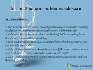 ใบงานที่ 3 ขอบข่ายและประเภทของโครงงาน
ขอบข่ายของโครงงาน
1. เป็นกิจกรรมการเรียนให้นักเรียนศึกษา ค้นคว้า ปฏิบัติดัวยตนเองโดยอาศัยหลักวิชาการทางทฤษฎี
ตามเนื้อหาโครงงานนั้นๆ หรือจากประสบการณ์และกิจกรรมต่าง ๆ ที่ได้พบเห็นมากแล้ว
2. นักเรียนทุกคนพิจารณาจัดทาโครงงานด้วยตนเอง หรือเป็นกลุ่มโดยใช้ระยะเวลาสั้นๆ เป็นภาค
เรียน หรือมากว่าก็ได้ แล้วแต่โครงงานเล็กหรือใหญ่
3. นักเรียนเป็นผู้พิจารณาริเริ่มสร้างสรรค์ คัดเลือกโครงงานที่จะศึกษาค้นคว้าปฏิบัติด้วยตนเองตาม
ความถนัด สนใจ และความพร้อม
4. นักเรียนเป็นผู้เสนอโครงงาน รายละเอียดของโครงงาน แผนปฏิบัติงานและการแปลผล รายงานผล
ต่ออาจารย์ที่ปรึกษา เพื่อดาเนินงานร่วมกันให้บรรลุตามจุดหมายที่กาหนดไว้
5. เป็นโครงงานที่เหมาะสมกับความรู้ ความสามารถของนักเรียนตามวัยและสติปัญญา รวมทั้งการ
ใช้จ่ายเงินดาเนินงานด้วย
 