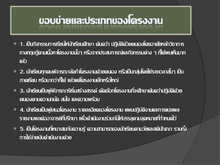  1. เป็นกิจกรรมการเรียนให้นักเรียนศึกษา ค้นคว้า ปฏิบัติดัวยตนเองโดยอาศัยหลักวิชาการ
ทางทฤษฎีตามเนื้อหาโครงงานนั้นๆ หรือจากประสบการณ์และกิจกรรมต่าง ๆ ที่ได้พบเห็นมาก
แล้ว
 2. นักเรียนทุกคนพิจารณาจัดทําโครงงานด้วยตนเอง หรือเป็นกลุ่มโดยใช้ระยะเวลาสั้นๆ เป็น
ภาคเรียน หรือมากว่าก็ได้ แล้วแต่โครงงานเล็กหรือใหญ่
 3. นักเรียนเป็นผู้พิจารณาริเริ่มสร้างสรรค์ คัดเลือกโครงงานที่จะศึกษาค้นคว้าปฏิบัติด้วย
ตนเองตามความถนัด สนใจ และความพร้อม
 4. นักเรียนเป็นผู้เสนอโครงงาน รายละเอียดของโครงงาน แผนปฏิบัติงานและการแปลผล
รายงานผลต่ออาจารย์ที่ปรึกษา เพื่อดําเนินงานร่วมกันให้บรรลุตามจุดหมายที่กําหนดไว้
 5. เป็นโครงงานที่เหมาะสมกับความรู้ ความสามารถของนักเรียนตามวัยและสติปัญญา รวมทั้ง
การใช้จ่ายเงินดําเนินงานด้วย
 