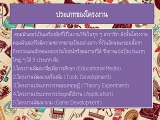 ประเภทของโครงงาน
คอมพิวเตอร์เป็นเครื่องมือที่ใช้ในงานวิจัยในทุก ๆ สาขาวิชา ดังนั้นโครงงาน
คอมพิวเตอร์จึงมีความหลากหลายเป็นอย่างมาก ทั้งในลักษณะของเนื้อหา
กิจกรรมและลักษณะของประโยชน์หรือผลงานที่ได้ ซึ่งอาจแบ่งเป็นประเภท
ใหญ่ ๆ ได้ 5 ประเภท คือ
1.โครงงานพัฒนาสื่อเพื่อการศึกษา (Educational Media)
2.โครงงานพัฒนาเครื่องมือ (Tools Development)
3.โครงงานประเภทการทดลองทฤษฎี (Theory Experiment)
4.โครงงานประเภทการประยุกต์ใช้งาน (Application)
5.โครงงานพัฒนาเกม (Game Development)
 
