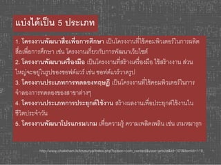 แบ่งได้เป็น 5 ประเภท 
1. โครงงานพัฒนาสื่อเพื่อการศึกษา เป็นโครงงานที่ใช้คอมพิวเตอร์ในการผลติ 
สื่อเพื่อการศึกษา เช่น โครงงานเกี่ยวกับการพัฒนาเว็บไซต์ 
2. โครงงานพัฒนาเครื่องมือ เป็นโครงงานที่สร้างเครื่องมือ ใช้สร้างงาน ส่วน 
ใหญ่จะอยู่ในรูปของซอฟต์แวร์ เช่น ซอฟต์แวร์วาดรูป 
3. โครงงานประเภทการทดลองทฤษฎี เป็นโครงงานที่ใช้คอมพิวเตอร์ในการ 
จาลองการทดลองของสาขาต่างๆ 
4. โครงงานประเภทการประยุกต์ใช้งาน สร้างผลงานเพื่อประยุกต์ใช้งานใน 
ชีวิตประจาวัน 
5. โครงงานพัฒนาโปรแกรม/เกม เพื่อความรู้ ความเพลิดเพลนิ เช่น เกมหมารุก 
http://www.chakkham.tk/krusuriya/index.php?option=com_content&view=article&id=101&Itemid=118 
 
