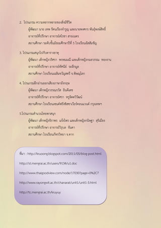 2. โปรแกรม ความหลากหลายของสิ่งมีชีวิต 
ผู้พัฒนา นาย เทพ รัตนเรืองจารูญ และนายพงศกร พันธุ์พงษ์สิทธิ์ 
อาจารย์ที่ปรึกษา อาจารย์สโรชา สายเนตร 
สถานศึกษา ระดับชั้นมัธยมศึกษาปีที่ 5 โรงเรียนอัสสัมชัญ 
3. โปรแกรมสนุกไปกับตารางธาตุ 
ผู้พัฒนา เด็กหญิงวริศรา พรหมมณี และเด็กหญิงกมลวรรณ ทองงาน 
อาจารย์ที่ปรึกษา อาจารย์ทัศนีย์ ระลึกมูล 
สถานศึกษา โรงเรียนเฉลิมขวัญสตรี จ.พิษณุโลก 
4. โปรแกรมฝึกอ่านออกเสียงภาษาอังกฤษ 
ผู้พัฒนา เด็กหญิงวรรณรวัส ยินดีเดช 
อาจารย์ที่ปรึกษา อาจารย์ศรา หรูจิตตวิวัฒน์ 
สถานศึกษา โรงเรียนเซนต์ฟรังซิสซาเวียร์คอนแวนต์ กรุงเทพฯ 
5.โปรแกรมสานวนไทยพาสนุก 
ผู้พัฒนา เด็กหญิงจิราพร แจ้งไพร และเด็กหญิงกนิษฐา สุริเมือง 
อาจารย์ที่ปรึกษา อาจารย์วิรุบล จันตา 
สถานศึกษา โรงเรียนภัทรวิทยา จ.ตาก 
ที่มา : http://kruoong.blogspot.com/2011/05/blog-post.html 
http://st.mengrai.ac.th/users/9134/u1.doc 
http://www.thaigoodview.com/node/17030?page=0%2C7 
http://www.rayongwit.ac.th/chanarat/unit1/unit1-3.html 
http://tc.mengrai.ac.th/kruyuy 
 