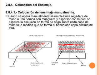 2.8.4.- Colocación del Ensimaje. 2.8.4.1.- Colocación del ensimaje manualmente. Cuando se opera manualmente se emplea una regadera de mano o una bomba con manguera y aspersor con la cual se esparce la emulsión en forma de riego sobre cada capa de materia, a medida que se forma el banco una capa encima de otra.