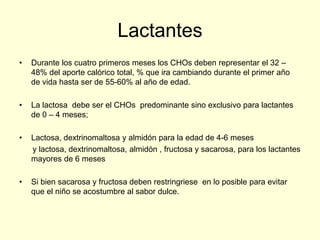 Lactantes
•   Durante los cuatro primeros meses los CHOs deben representar el 32 –
    48% del aporte calórico total, % que ira cambiando durante el primer año
    de vida hasta ser de 55-60% al año de edad.

•   La lactosa debe ser el CHOs predominante sino exclusivo para lactantes
    de 0 – 4 meses;

•   Lactosa, dextrinomaltosa y almidón para la edad de 4-6 meses
    y lactosa, dextrinomaltosa, almidón , fructosa y sacarosa, para los lactantes
    mayores de 6 meses

•   Si bien sacarosa y fructosa deben restringriese en lo posible para evitar
    que el niño se acostumbre al sabor dulce.
 