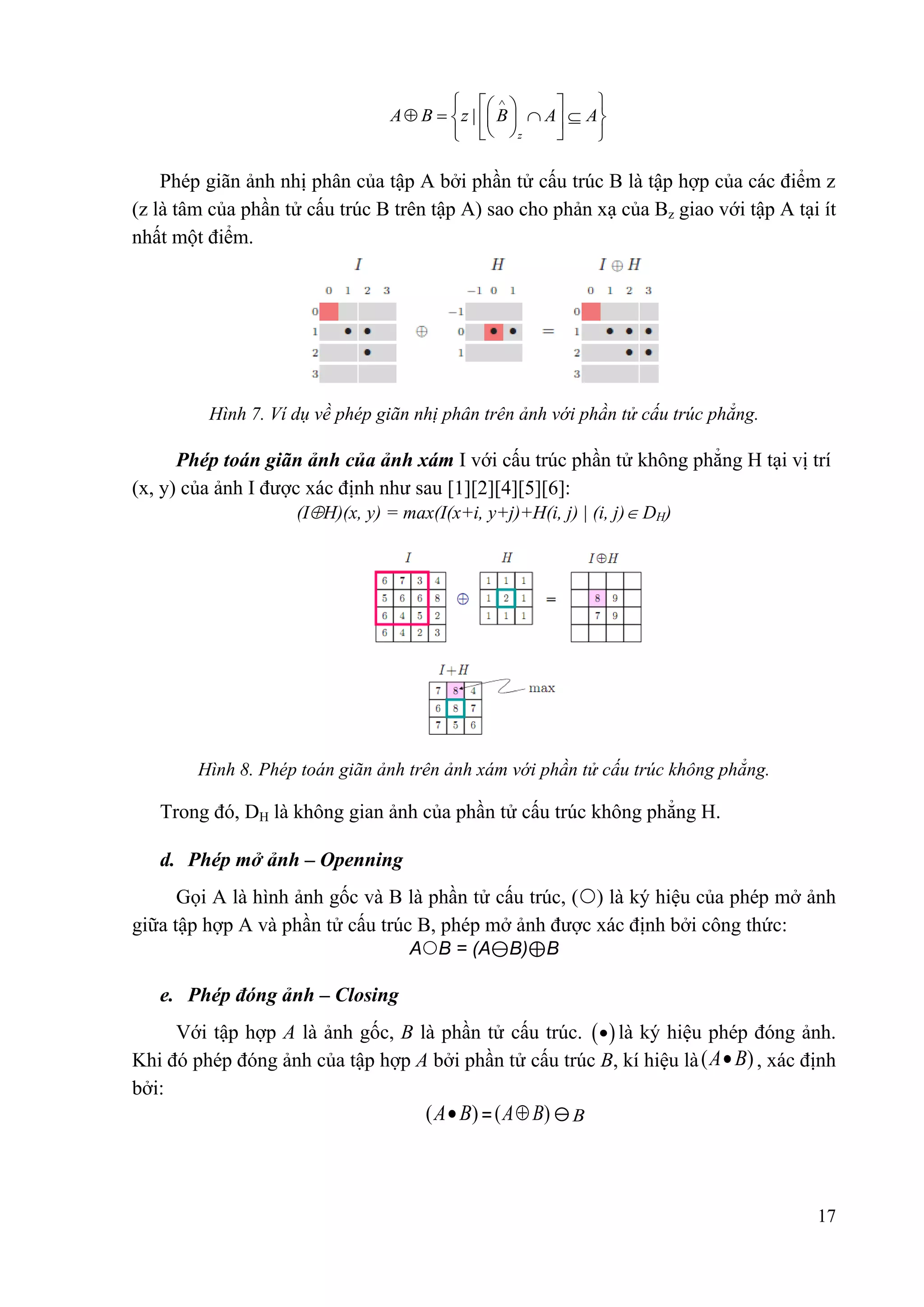    

A  B   z |  B   A  

   z


A


Phép giãn ảnh nhị phân của tập A bởi phần tử cấu trúc B là tập hợp của các điểm z
(z là tâm của phần tử cấu trúc B trên tập A) sao cho phản xạ của Bz giao với tập A tại ít
nhất một điểm.

Hình 7. Ví dụ về phép giãn nhị phân trên ảnh với phần tử cấu trúc phẳng.

Phép toán giãn ảnh của ảnh xám I với cấu trúc phần tử không phẳng H tại vị trí
(x, y) của ảnh I được xác định như sau [1][2][4][5][6]:
(IH)(x, y) = max(I(x+i, y+j)+H(i, j) | (i, j) DH)

Hình 8. Phép toán giãn ảnh trên ảnh xám với phần tử cấu trúc không phẳng.

Trong đó, DH là không gian ảnh của phần tử cấu trúc không phẳng H.
d. Phép mở ảnh – Openning
Gọi A là hình ảnh gốc và B là phần tử cấu trúc, () là ký hiệu của phép mở ảnh
giữa tập hợp A và phần tử cấu trúc B, phép mở ảnh được xác định bởi công thức:
AB = (A⊖B)⊕B

e. Phép đóng ảnh – Closing
Với tập hợp A là ảnh gốc, B là phần tử cấu trúc.    là ký hiệu phép đóng ảnh.
Khi đó phép đóng ảnh của tập hợp A bởi phần tử cấu trúc B, kí hiệu là ( A  B) , xác định
bởi:

( A  B ) = ( A  B)

B

17

 
