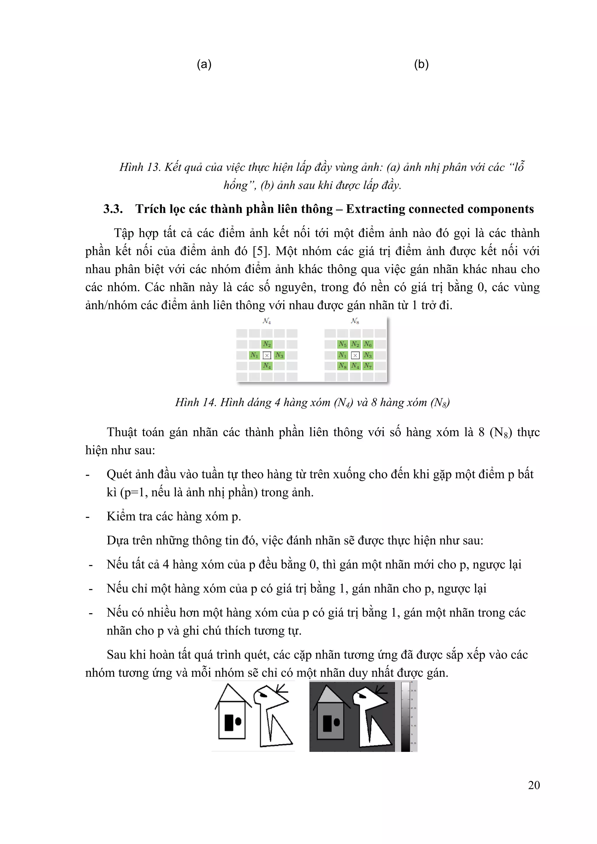 (a)

(b)

Hình 13. Kết quả của việc thực hiện lấp đầy vùng ảnh: (a) ảnh nhị phân với các “lỗ
hổng”, (b) ảnh sau khi đƣợc lấp đầy.

3.3. Trích lọc các thành phần liên thông – Extracting connected components
Tập hợp tất cả các điểm ảnh kết nối tới một điểm ảnh nào đó gọi là các thành
phần kết nối của điểm ảnh đó [5]. Một nhóm các giá trị điểm ảnh được kết nối với
nhau phân biệt với các nhóm điểm ảnh khác thông qua việc gán nhãn khác nhau cho
các nhóm. Các nhãn này là các số nguyên, trong đó nền có giá trị bằng 0, các vùng
ảnh/nhóm các điểm ảnh liên thông với nhau được gán nhãn từ 1 trở đi.

Hình 14. Hình dáng 4 hàng xóm (N4) và 8 hàng xóm (N8)

Thuật toán gán nhãn các thành phần liên thông với số hàng xóm là 8 (N8) thực
hiện như sau:
-

Quét ảnh đầu vào tuần tự theo hàng từ trên xuống cho đến khi gặp một điểm p bất
kì (p=1, nếu là ảnh nhị phần) trong ảnh.

-

Kiểm tra các hàng xóm p.
Dựa trên những thông tin đó, việc đánh nhãn sẽ được thực hiện như sau:

-

Nếu tất cả 4 hàng xóm của p đều bằng 0, thì gán một nhãn mới cho p, ngược lại

-

Nếu chỉ một hàng xóm của p có giá trị bằng 1, gán nhãn cho p, ngược lại

-

Nếu có nhiều hơn một hàng xóm của p có giá trị bằng 1, gán một nhãn trong các
nhãn cho p và ghi chú thích tương tự.

Sau khi hoàn tất quá trình quét, các cặp nhãn tương ứng đã được sắp xếp vào các
nhóm tương ứng và mỗi nhóm sẽ chỉ có một nhãn duy nhất được gán.

20

 
