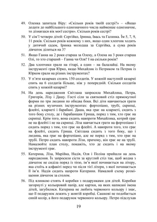 19
49. Оленка запитала Віру: «Скільки років твоїй сестрі?» – «Якщо
додати до найбільшого однозначного числа найменше однозначне,
то дізнаєшся вік моєї сестри». Скільки років сестрі?
50. У сім’ї четверо дітей: Сергійко, Іринка, Івась та Галинка. Їм 5, 7, 9,
11 років. Скільки років кожному з них, якщо один хлопчик ходить
у дитячий садок, Іринка молодша за Сергійка, а сума років
дівчаток ділиться на 3?
51. Якщо Ганна на 2 роки старша за Олену, а Олена на 3 роки старша
Олі, то хто старший – Ганна чи Оля? І на скільки років?
52. Два хлопчики грали на гітарі, а один – на балалайці. На якому
інструменті грав Юрко, якщо Михайлик із Петриком та Петрик із
Юрком грали на різних інструментах?
53. У п’яти казармах сплять 150 солдатів. У кожній наступній казармі
спить на 6 солдатів більше, ніж у попередній. Скільки солдатів
спить у кожній казармі?
54. На день народження Світлана запросила Михайлика, Петра,
Григорія, Лізу і Дашу. Гості сіли за святковий стіл прямокутної
форми по три людини по обидва боки. Всі діти навчаються грати
на різних музичних інструментах: фортепіано, трубі, скрипці,
флейті, кларнеті і барабані. Даша, яка грає на кларнеті, сидить з
того боку столу, де і барабанщик Гриша, поряд з тим, хто грає на
скрипці. Крім того, вона сидить навпроти Михайлика, котрий грає
не на флейті і не на скрипці. Ліза навчається грати на фортепіано і
сидить поряд з тим, хто грає на флейті. А навпроти того, хто грає
на флейті, сидить Гриша. Світлана сидить з того боку, що і
людина, яка грає на фортепіано, але не поряд з тим, хто грає на
трубі. Петро сидить навпроти Лізи, причому, він грає не на трубі.
Намалюйте план столу, покажіть, хто де сидить і на якому
інструменті грає.
55. Катерина, Ліза, Марійка, Надія, Оля і Поліна прийшли на день
народження. Їх запросили сісти за круглий стіл так, щоб жодна з
дівчаток не сиділа поряд із тією, ім’я якої починається на літеру,
яка стоїть в алфавіті перед чи після тієї літери, з якої починається
її ім’я. Надія сидить напроти Катерини. Намалюй схему розмі-
щення дівчаток за столом.
56. Під ялинкою стоять 4 коробки з подарунками для дітей. Коробки
загорнуті у кольоровий папір, але картки, на яких написані імена
дітей, загубилися. Катерина не любить червоного кольору і знає,
що її подарунок лежить у жовтій коробці. Сашкові не подобається
синій колір, а його подарунок червоного кольору. Петро підслухав
 