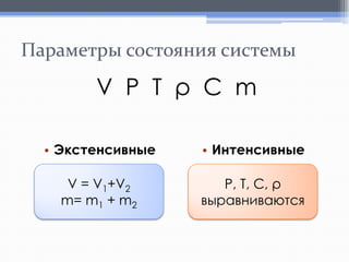 Параметры состояния системы

V P T ρ C m
• Экстенсивные

• Интенсивные

V = V1+V2
m= m1 + m2
m= m1 + m2

P, T, C, ρ
выравниваются
выравниваются

 