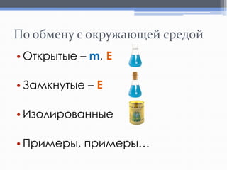 По обмену с окружающей средой
• Открытые – m, E
• Замкнутые – E
• Изолированные

• Примеры, примеры…

 