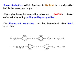 -Dansyl derivatives which ﬂuoresce in UV-light have a detection
limit in the nanomole range.

-Dimethylaminoazobenzenesulfonylchloride       (DABS-Cl)   detect
amino acids including proline and hydroxyproline.

-The ﬂuorescent derivatives can be determined after HPLC
separation.
 