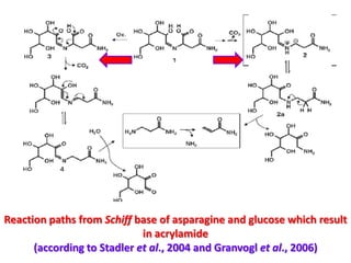 Reaction paths from Schiff base of asparagine and glucose which result
                             in acrylamide
      (according to Stadler et al., 2004 and Granvogl et al., 2006)
 