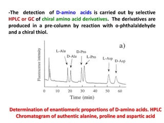 -The detection of D-amino acids is carried out by selective
HPLC or GC of chiral amino acid derivatives. The derivatives are
produced in a pre-column by reaction with o-phthalaldehyde
and a chiral thiol.




Determination of enantiomeric proportions of D-amino acids. HPLC
  Chromatogram of authentic alanine, proline and aspartic acid
 
