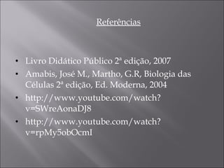 Referências Livro Didático Público 2 ª edição, 2007 Amabis, José M., Martho, G.R, Biologia das Células 2ª edição, Ed. Moderna, 2004 h ttp://www.youtube.com/watch?v=SWreAonaDJ8 http://www.youtube.com/watch?v=rpMy5obOcmI 