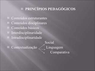 PRINCÍPIOS PEDAGÓGICOS Conteúdos estruturantes Conteúdos disciplinares Conteúdos básicos Interdisciplinaridade  ‏ Intradisciplinaridade Social  Contextualização  Linguagem   Comparativa 