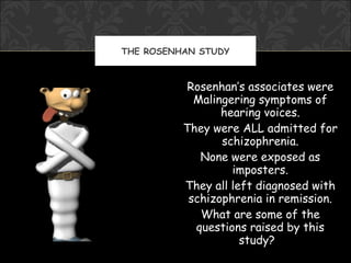 THE ROSENHAN STUDY



           Rosenhan’s associates were
            Malingering symptoms of
                 hearing voices.
          They were ALL admitted for
                 schizophrenia.
             None were exposed as
                   imposters.
          They all left diagnosed with
           schizophrenia in remission.
             What are some of the
            questions raised by this
                     study?
 