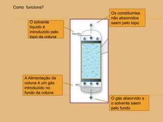 O solvente
líquido é
introduzido pelo
topo da coluna
A Alimentação da
coluna é um gás
introduzido no
fundo da coluna
Os constituintes
não absorvidos
saem pelo topo
O gás absorvido e
o solvente saem
pelo fundo
Como funciona?
 