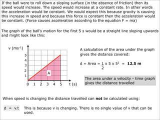 If the ball were to roll down a sloping surface (in the absence of friction) then its
speed would increase. The speed would increase at a constant rate. In other words
the acceleration would be constant. We would expect this because gravity is causing
this increase in speed and because this force is constant then the acceleration would
be constant. (Force causes acceleration according to the equation F = ma)

The graph of the ball’s motion for the first 5 s would be a straight line sloping upwards
and might look like this:


   v (ms-1)                                       A calculation of the area under the graph
              5                                   gives the distance covered:
              4
              3                                   d = Area = 1 x 5 x 52 = 12.5 m
                                                             2
              2
                              A
              1
                                                    The area under a velocity - time graph
                  0   1   2   3   4   5   t (s)     gives the distance travelled



When speed is changing the distance travelled can not be calculated using:

 d = v.t      This is because v is changing. There is no single value of v that can be
              used.
 