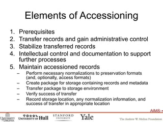 Elements of AccessioningPrerequisitesTransfer records and gain administrative controlStabilize transferred recordsIntellectual control and documentation to support further processesMaintain accessioned recordsPerform necessary normalizations to preservation formats (and, optionally, access formats)Create package for storage containing records and metadataTransfer package to storage environmentVerify success of transferRecord storage location, any normalization information, and success of transfer in appropriate location