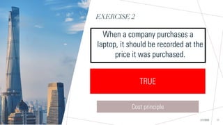 EXERCISE 2
Sample Footer Text
When a company purchases a
laptop, it should be recorded at the
price it was purchased.
2/7/20XX 11
TRUE FALSE
TRUE
Cost principle
 