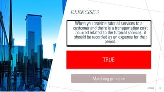 EXERCISE 3
Sample Footer Text
When you provide tutorial services to a
customer and there is a transportation cost
incurred related to the tutorial services, it
should be recorded as an expense for that
period.
2/7/20XX 12
TRUE FALSE
TRUE
Matching principle
 