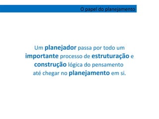 Um  planejador  passa por todo um  importante  processo de  estruturação  e  construção  lógica do pensamento  até chegar no  planejamento  em si. O papel do planejamento 