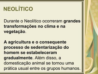 NEOLÍTICO Durante o Neolítico ocorreram  grandes transformações no clima e na vegetação .   A agricultura e o consequente processo de sedentarização do homem se estabeleceram gradualmente . Além disso, a domesticação animal se tornou uma prática usual entre os grupos humanos.  